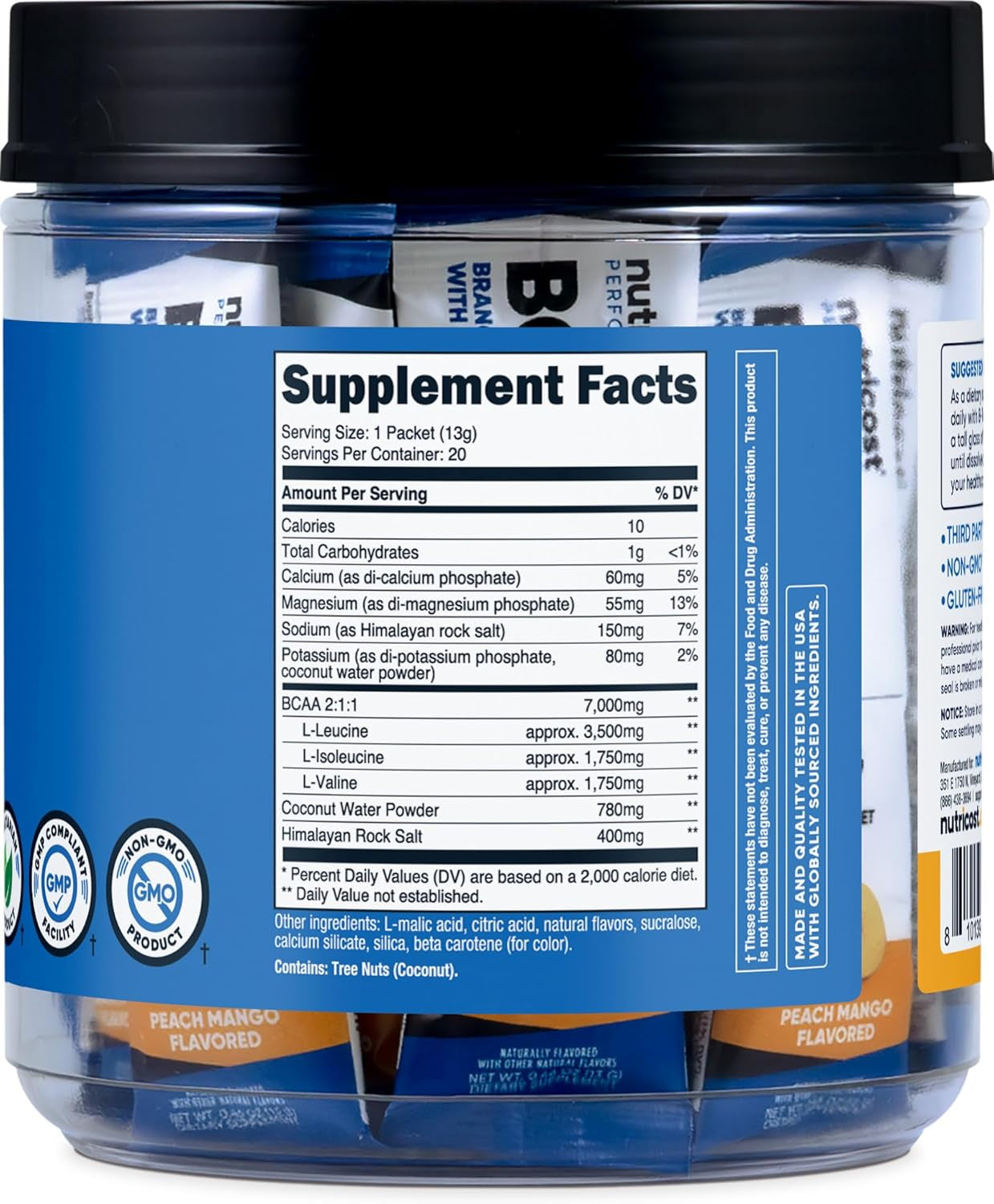 Nutricost BCAA+ Hydration Peach Mango Flavor (20 Stickpacks) - Branched Chain Amino Acids with Hydration Complex - Gluten-Free, Non-Gmo