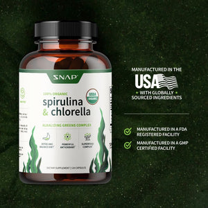 Snap Supplements USDA Organic Spirulina Chlorella Capsules - Green Superfoods for Natural Energy and Metabolic Health, 120 Capsules