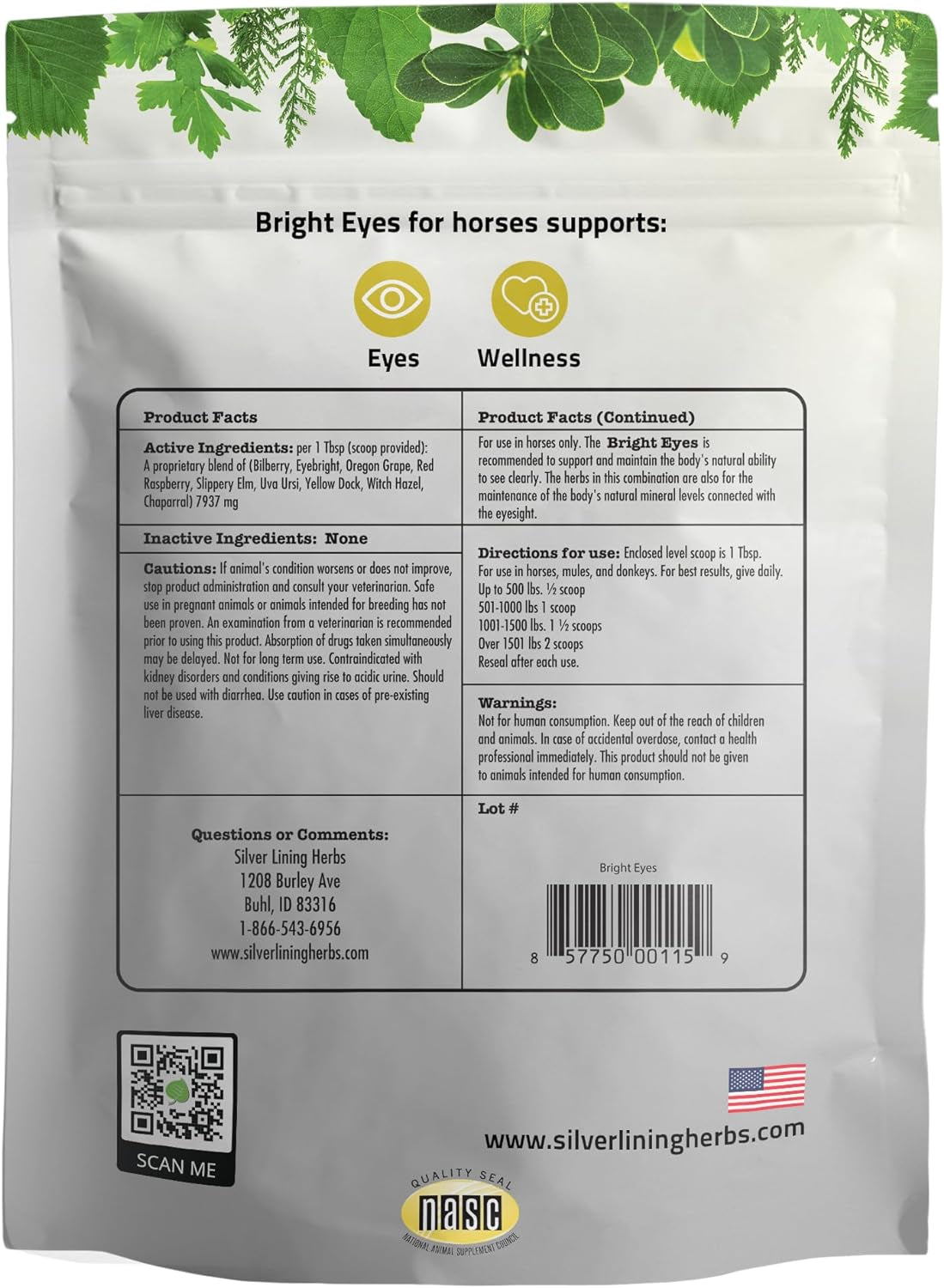 Silver Lining Herbs Bright Eyes - Supports Horse Eye Health - Maintains Normal Mineral Levels for Horse'S Eyes - Natural Herbs Supporting Long Term Equine Eye Health - 1 Lb Bag