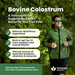 Super Moo Grass Fed Bovine Colostrum Powder | Gut Health, Muscle Recovery, Energy, Hair, Skin and Immune Supplement | 50% Igg Pure Bovine Colostrum for Humans | Superfood, Gluten Free, Unflavored.