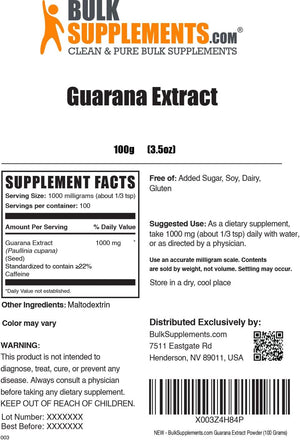 Bulksupplements.Com Guarana Extract Powder - Natural Caffeine Supplement, from Guarana Seed. Guarana Powder - Gluten Free, 1000Mg per Serving, 100G (3.5 Oz) (Pack of 1)