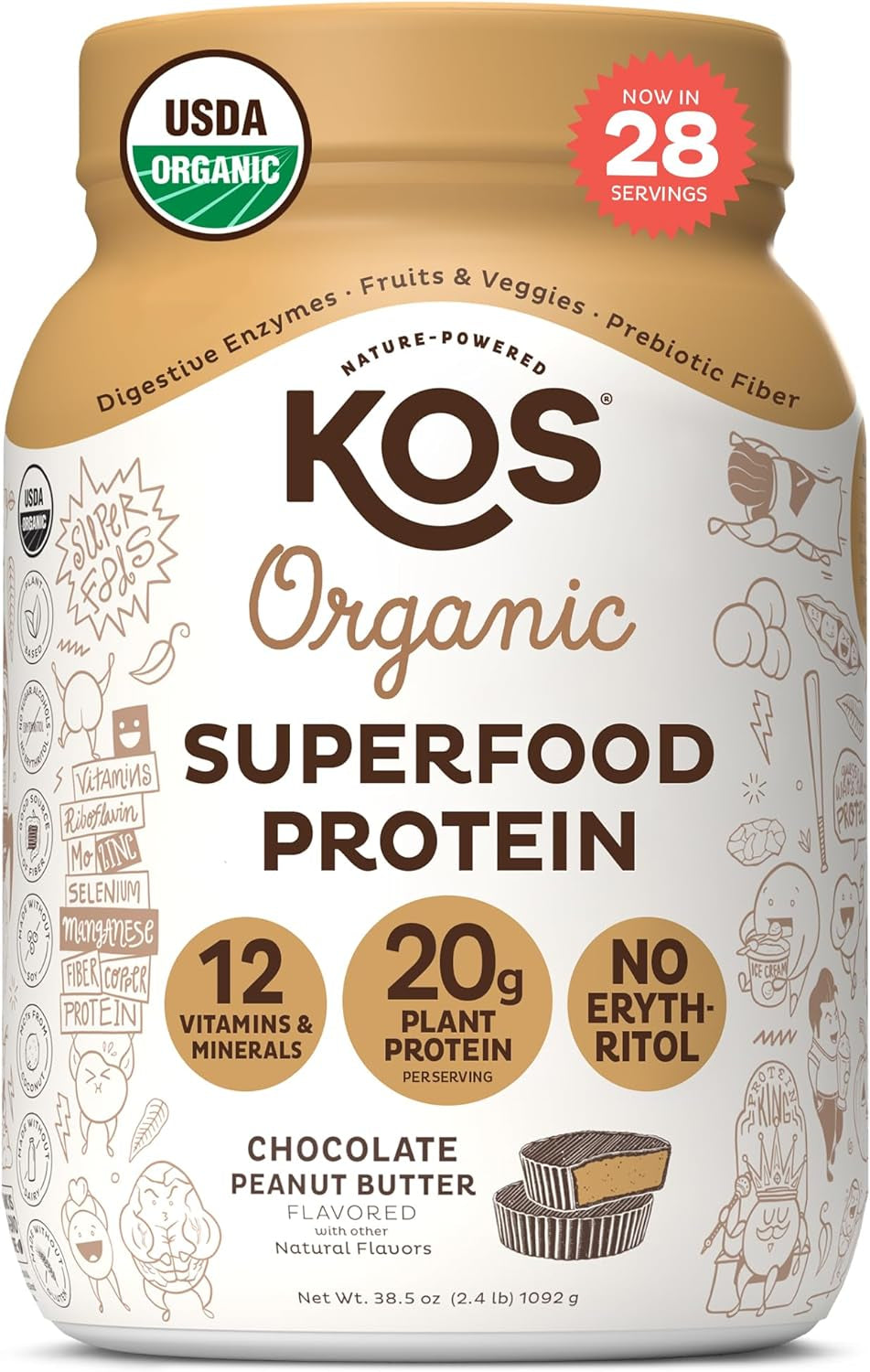 KOS Organic Plant Based Protein Powder, Chocolate Peanut Butter - Delicious Vegan Protein Powder Meal Replacement - Keto Friendly, Gluten Free, Dairy Free & Soy Free - 2.4 Lbs, 28 Servings