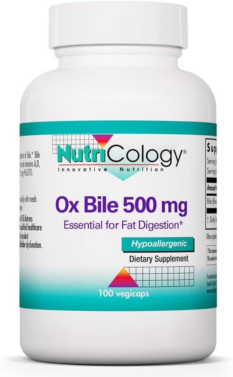 Nutricology Ox Bile 500 Mg - Ox Bile Supplements for No Gallbladder, Digestive Enzymes for Liver, Fat Digestion Support, Hypoallergenic Gallblader Supplements - 100 Capsules 1-Pack 