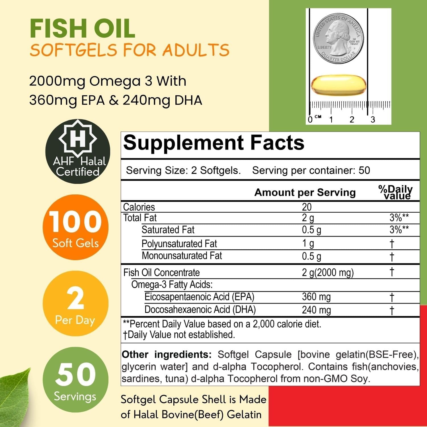 Halal Fish Oil Softgels 100 Ct, Standard Strength - Halal Omega 3 Fish Oil Supplements. Wild Caught, Non-Gmo & Purified Fish Oil - Halal Vitamins