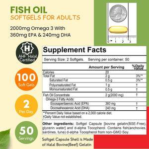 Halal Fish Oil Softgels 100 Ct, Standard Strength - Halal Omega 3 Fish Oil Supplements. Wild Caught, Non-Gmo & Purified Fish Oil - Halal Vitamins