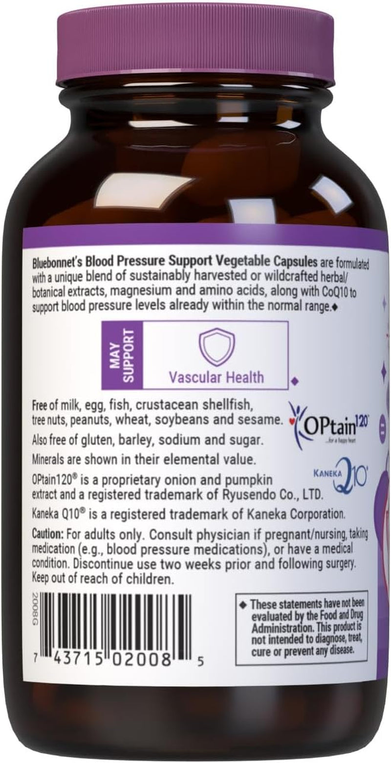 Bluebonnet Nutrition Blood Pressure Support, Vascular Health*, Non-Gmo, Vegan, Gluten-Free, Soy-Free, Dairy-Free- 60 Vegetable Capsules, 30 Servings
