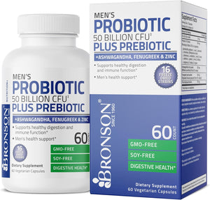 Men'S Probiotic 50 Billion CFU plus Prebiotic with Ashwagandha, Fenugreek & Zinc, Supports Healthy Digestion & Immune Function Non-Gmo, 60 Vegetarian Capsules