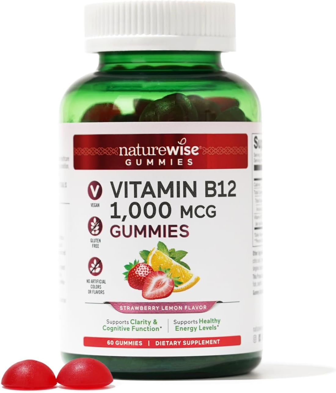 Naturewise Vitamin B12 Gummies for Adults, 1000 Mcg - Strawberry Lemon Flavor - Supports Daily Energy, Mental Clarity, Cognitive Function - Vegan, Gluten-Free, Non-Gmo - 180 Gummies[3-Month Supply]