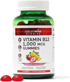 Naturewise Vitamin B12 Gummies for Adults, 1000 Mcg - Strawberry Lemon Flavor - Supports Daily Energy, Mental Clarity, Cognitive Function - Vegan, Gluten-Free, Non-Gmo - 180 Gummies[3-Month Supply]