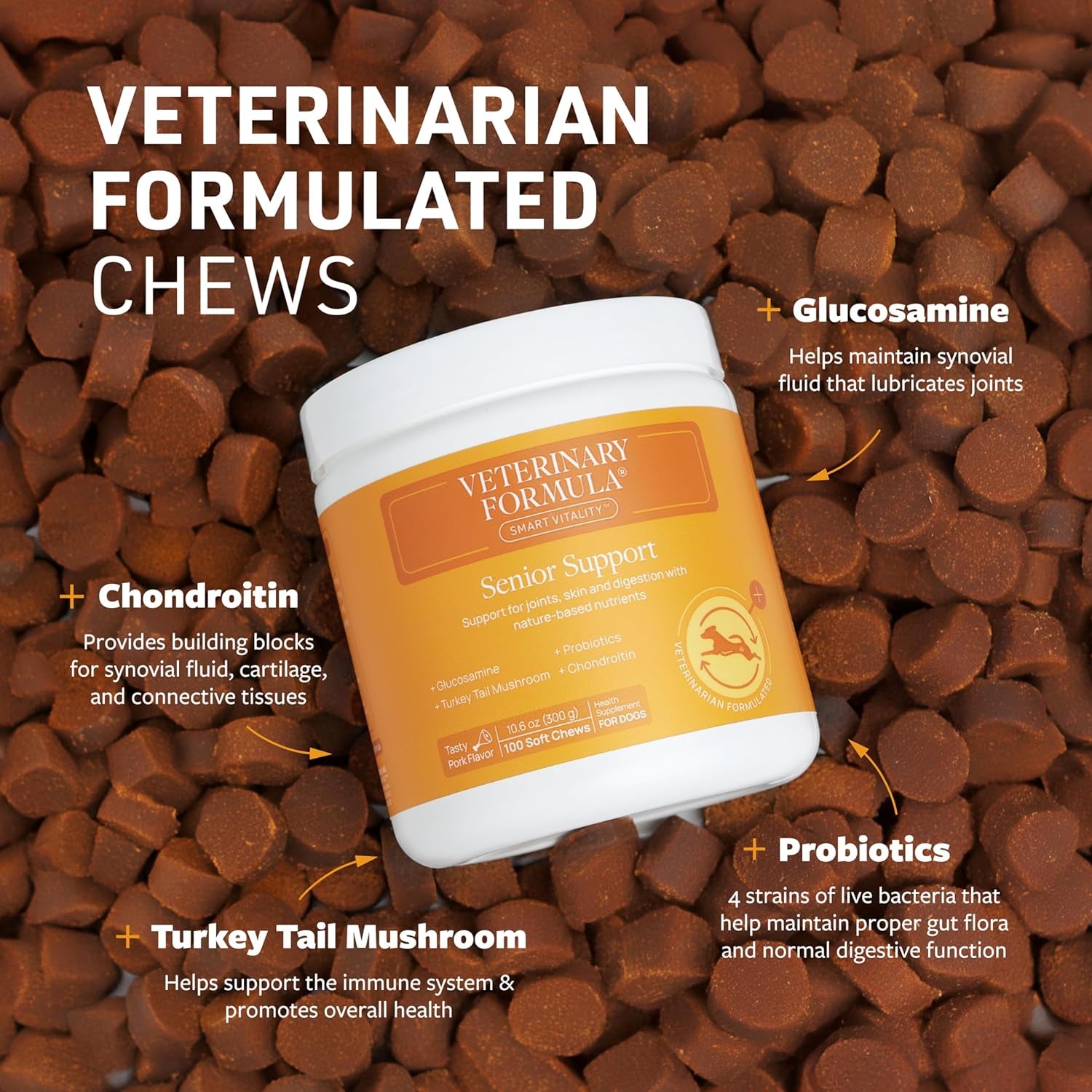 Veterinary Formula Smart Vitality Senior Support Supplement for Dogs - Soft Chews, 100Ct - Support Healthy Joints, Skin, Gut, and Immunity with Glucosamine Chondroitin for Dogs 
