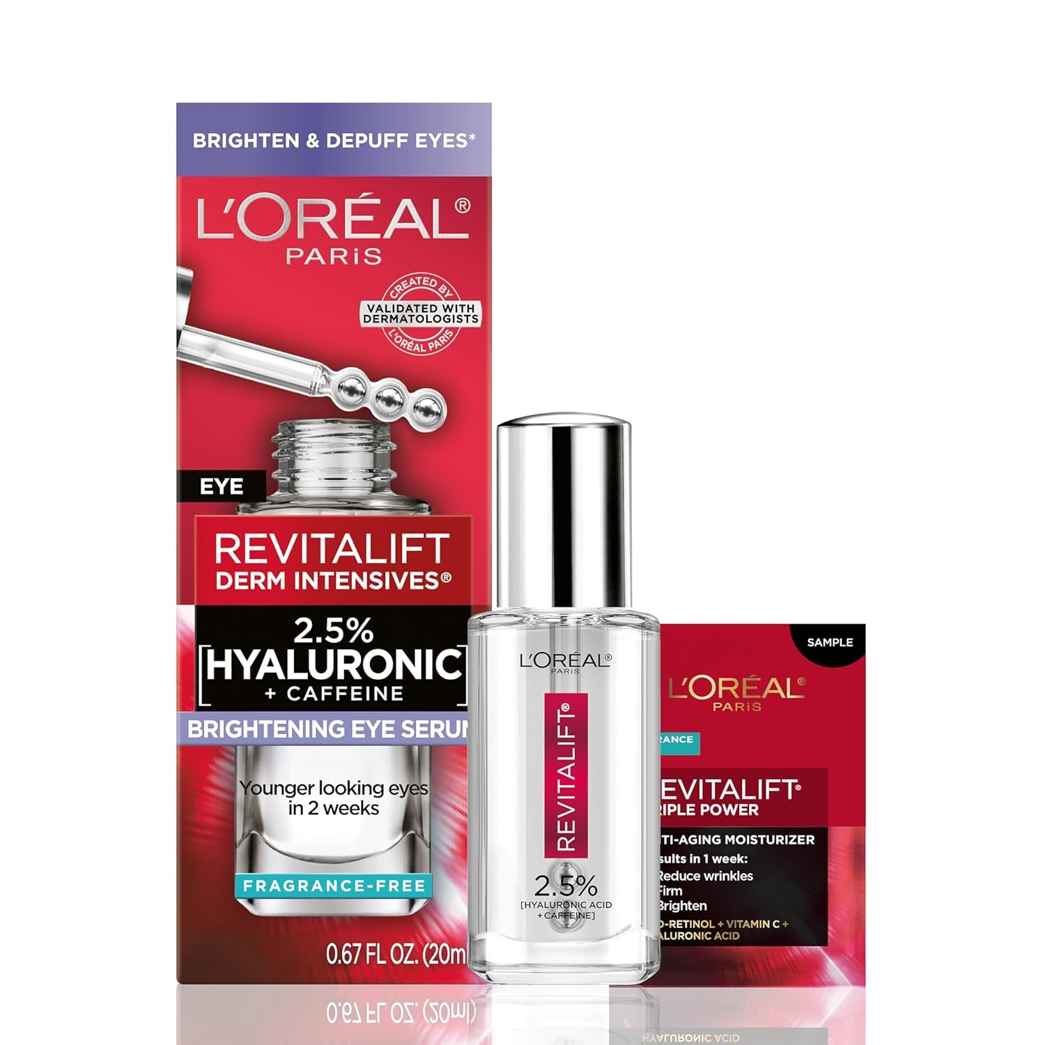 L'Oreal Paris Revitalift Hyaluronic Acid + Caffeine Hydrating Eye Serum for Dark Circles, Fragrance Free .67 Fl. Oz + Moisturizer Sample