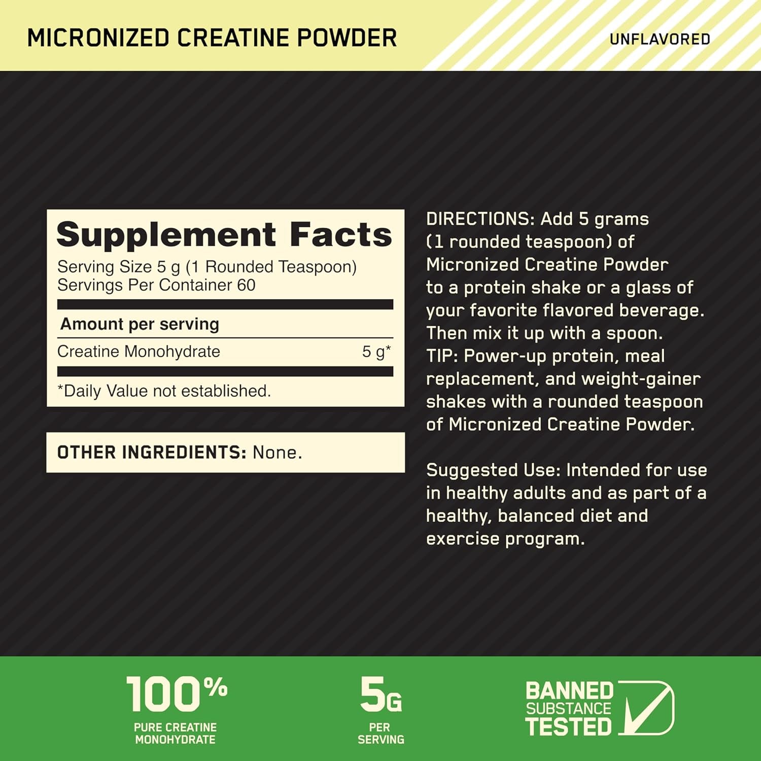 Optimum Nutrition Micronized Creatine Monohydrate Powder, Unflavored, Keto Friendly, 60 Servings (Packaging May Vary) 