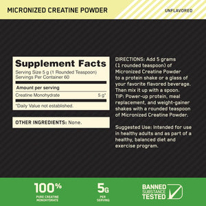 Optimum Nutrition Micronized Creatine Monohydrate Powder, Unflavored, Keto Friendly, 60 Servings (Packaging May Vary) 