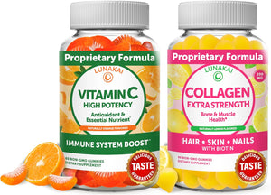 Lunakai Vitamin C and Collagen Gummies Bundle - 300Mg Organic, NON-GMO, Vegan VIT C Chewable Gummy - anti Aging Supplements for Men & Women - 30 Days Supply
