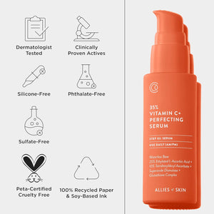 Allies of Skin 35% Vitamin C+ Perfecting Serum: Tetrahexyldecyl Ascorbate + Ethylated L-Ascorbic Acid, Glutathione, Superoxide Dismutase. Waterless, Antioxidant. Brightens & Plumps 1 Oz / 30 Ml