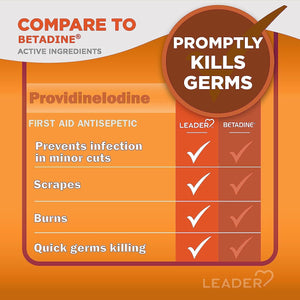 Leader Povidone Iodine 10% Prep Solution USP, First Aid Antiseptic Wound Cleanser, Wound Wash, Antiseptic Soap, 8 Fl Oz