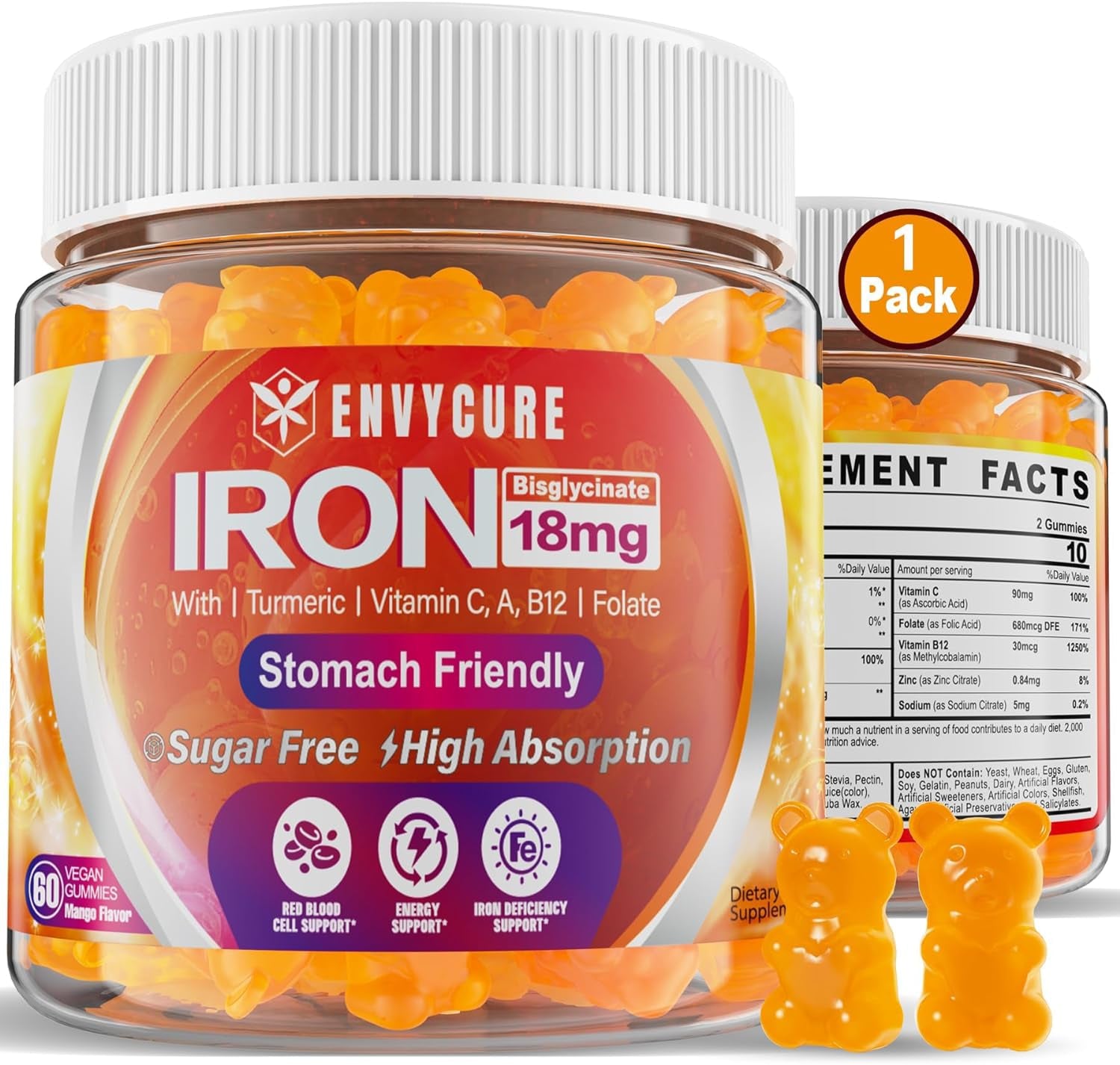 Sugar Free Iron Gummies 18Mg for Women Men, Iron Bisglycinate Supplement Gummies with Vitamin C, Turmeric & Folate - Blood Builder for Iron Deficiency, Anemia & Energy, Non-Constipating (1 PACK)