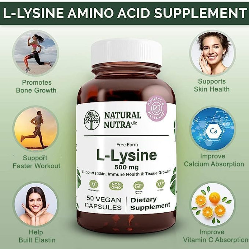Natural Nutra L Lysine Hcl, Promotes Bone Health and Growth, Helps Built Collagen, Improve Calcium Absorption, Non-Gmo, Vegan, 500 Mg, 50 Capsules. 