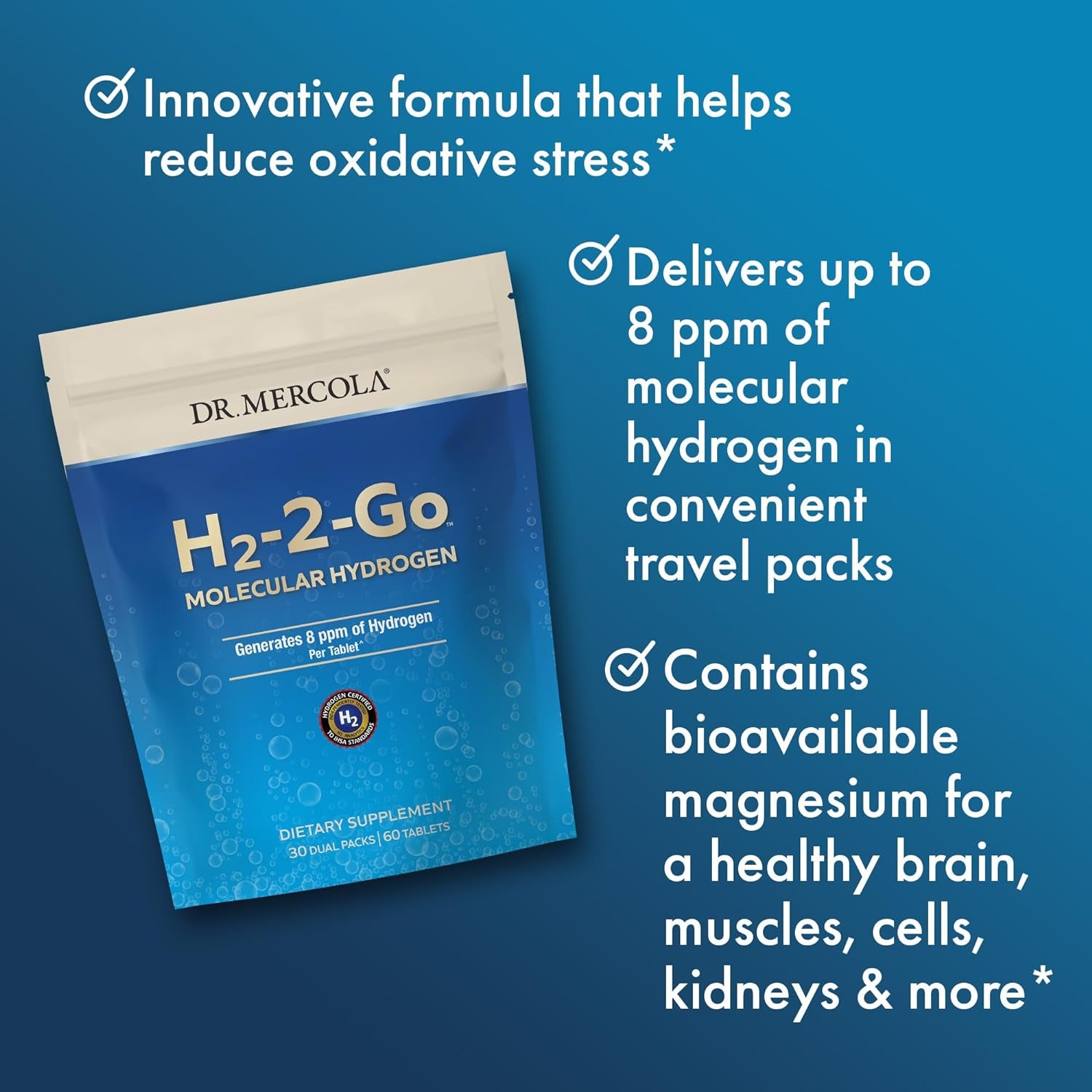 H2-2-Go Molecular Hydrogen, 60 Servings (60 Tablets), 8 Ppm of Hydrogen per Tablet, Dietary Supplement, Supports Circulatory Health 
