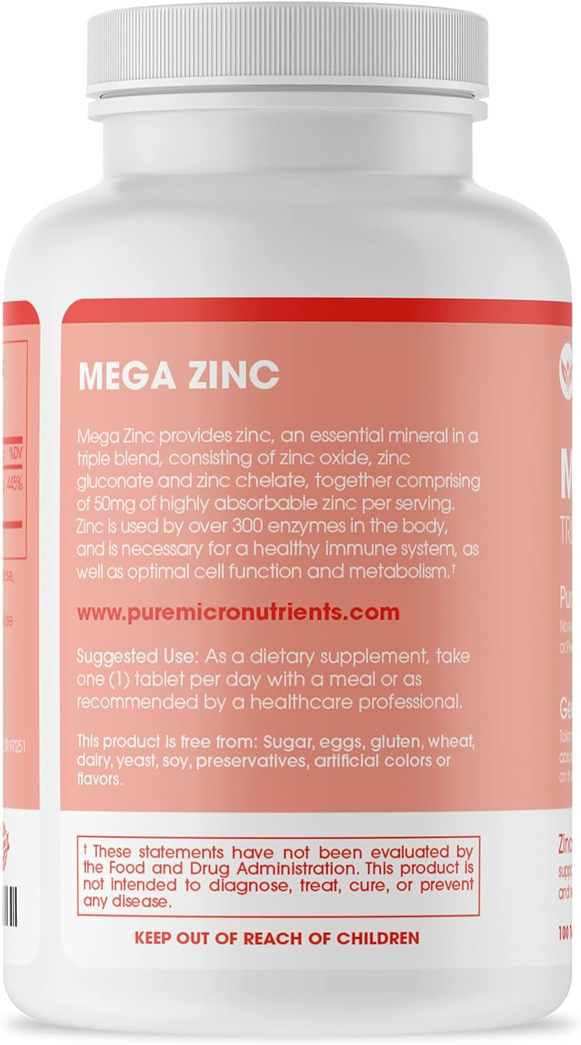 Mega Zinc Supplement, 50Mg - 3-In-1 Zinc Complex - 100 Tablets - Pure Micronutrients 
