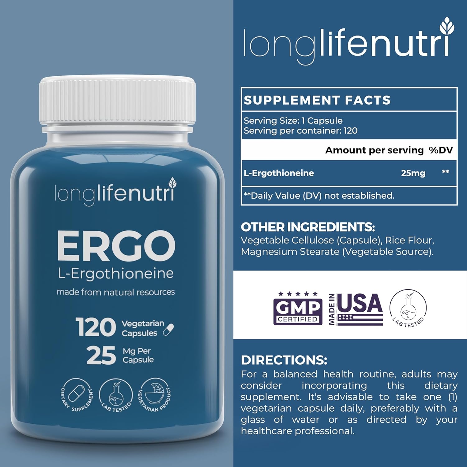 L-Ergothioneine 25Mg - 120 Vegetarian Capsules, 4-Month Supply, Natural Antioxidant & Plant-Based Supplement for Wellness Routine, Lab Tested, Made in USA