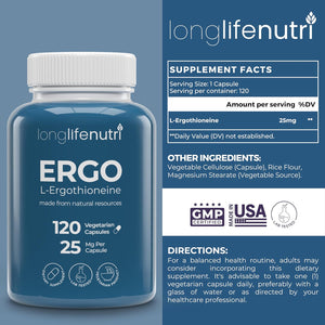 L-Ergothioneine 25Mg - 120 Vegetarian Capsules, 4-Month Supply, Natural Antioxidant & Plant-Based Supplement for Wellness Routine, Lab Tested, Made in USA