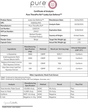 Leaky Gut Defense - Gut Health Supplement with L-Glutamine, Licorice Root Extract, Aloe Leaf, Arabinogalactan- (30 Servings, 168G) 
