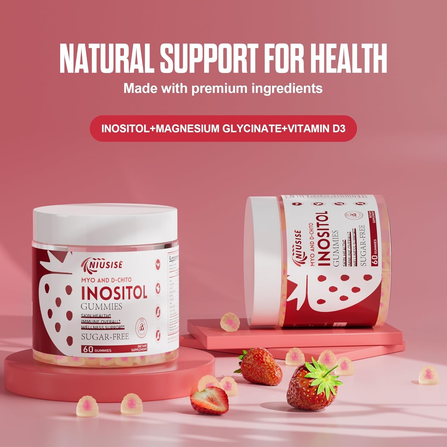 Inositol Gummies, Inositol Supplement with Myo-Inositol & D-Chiro Inositol + Vitamin D3, Ideal 40:1 Ratio, with Magnesium Glycinate 400Mg, Supports Regular Cycle for Women, Vegan, 60 Gummies