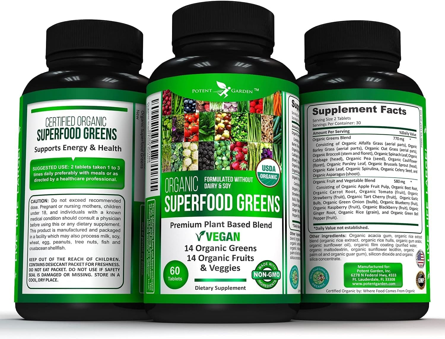 Organic Superfood Greens, Fruit and Veggies Supplement Rich in Vitamins & Antioxidants with Alfalfa, Beet Root & Tart Cherry to Boost Energy, Immunity & Gut Health, Greens Tablets 60 Ct 