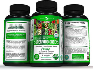 Organic Superfood Greens, Fruit and Veggies Supplement Rich in Vitamins & Antioxidants with Alfalfa, Beet Root & Tart Cherry to Boost Energy, Immunity & Gut Health, Greens Tablets 60 Ct 