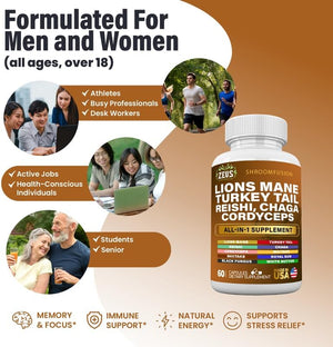 Lions Mane Capsules, Mushroom Supplement with Turkey Tail, Cordyceps Reishi Chaga, Alt to Mushroom Gummies or Mushroom Coffee, Made in USA (60 Count)