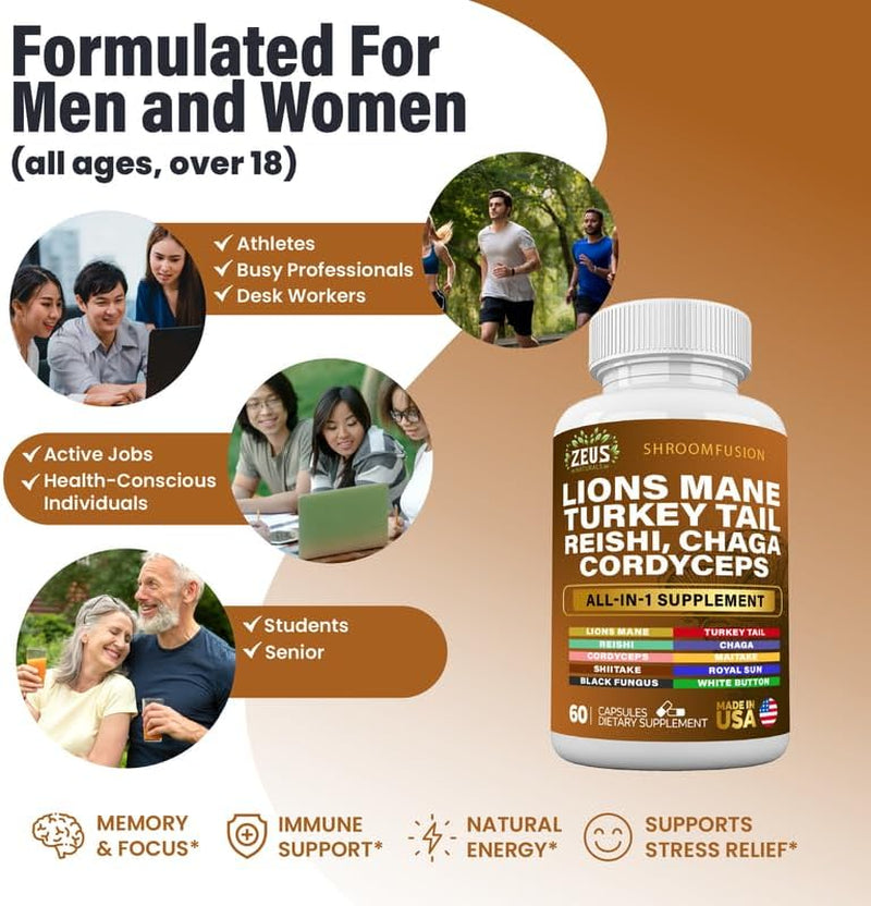 Lions Mane Capsules, Mushroom Supplement with Turkey Tail, Cordyceps Reishi Chaga, Alt to Mushroom Gummies or Mushroom Coffee, Made in USA (60 Count)