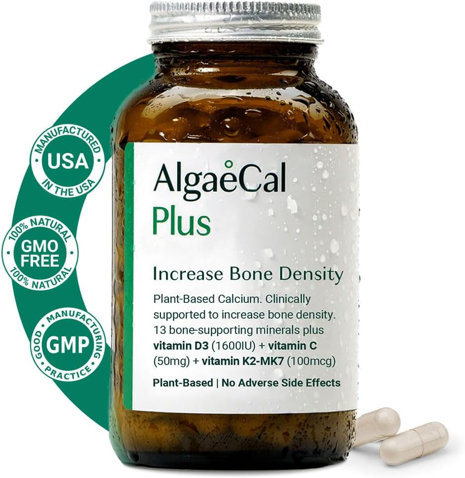 ALGAECAL plus - Organic Red Algae Calcium Supplement, Vitamin K2 MK7 (100Mg), Vitamin D3 (1600 IU), Magnesium (250Mg) & Trace Minerals, for Bone Strength, Easy to Swallow Caps, 3 Month Supply