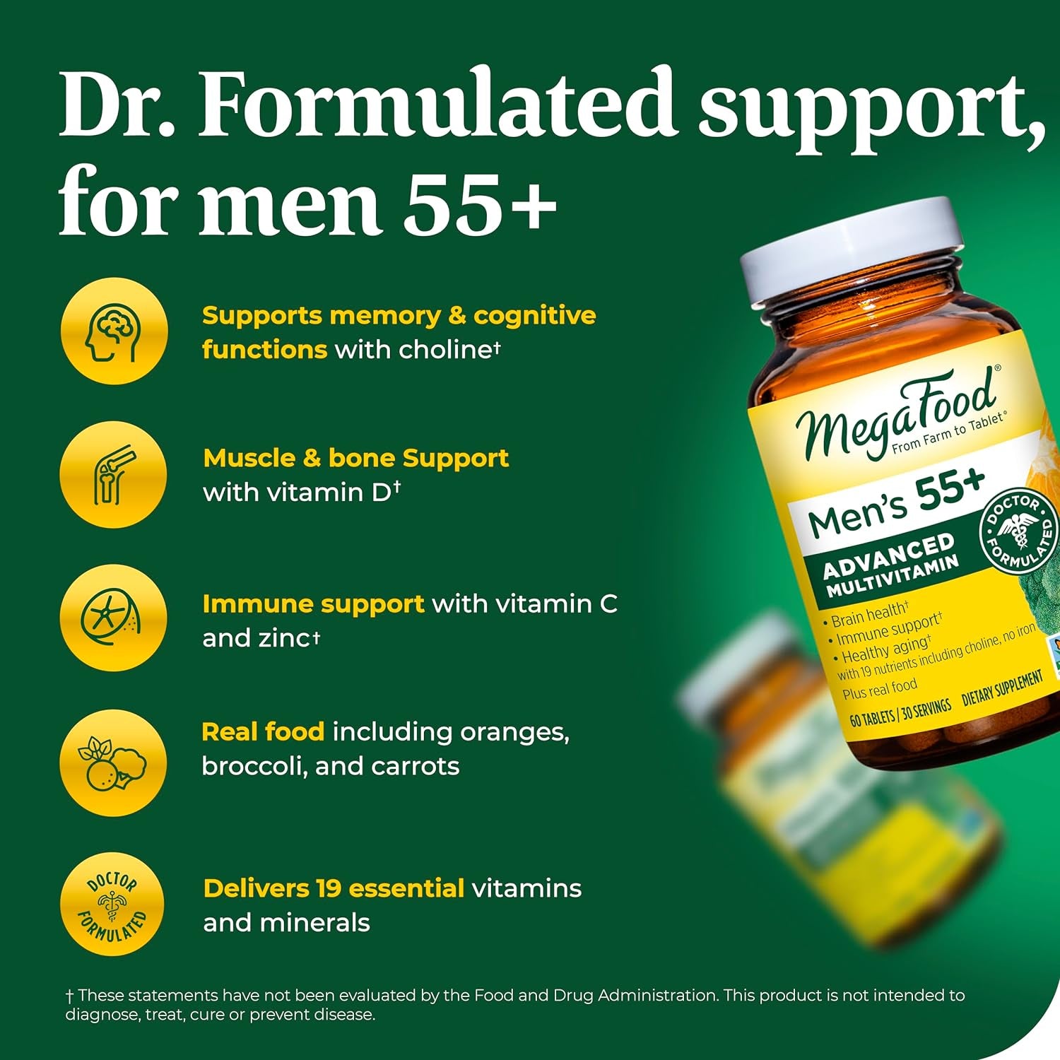 Megafood Men'S 55+ Advanced Multivitamin for Men - Doctor-Formulated -Choline, Vitamin D, Vitamin B12 – plus Real Food – Brain Health Supplement for Adults & Immune Support - 60 Tabs (30 Servings)