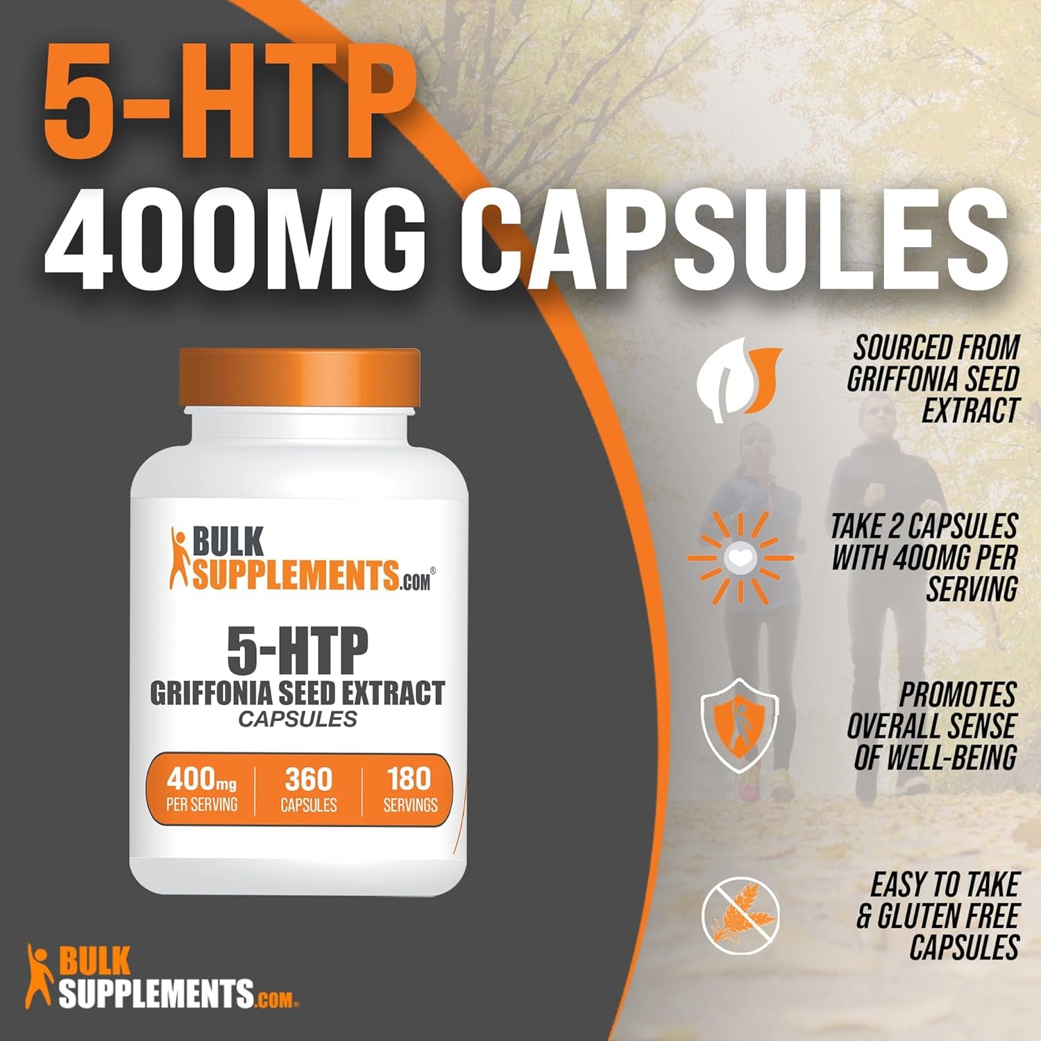 Bulksupplements.Com 5-HTP Capsules - 5-Hydroxytryptophan, 5 HTP Supplement - 5-HTP 400Mg, for Overall Well-Being - Gluten Free, 2 Capsules per Serving, 360 Capsules (Pack of 1)