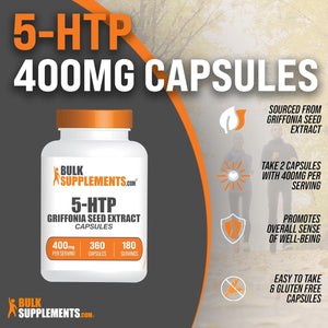 Bulksupplements.Com 5-HTP Capsules - 5-Hydroxytryptophan, 5 HTP Supplement - 5-HTP 400Mg, for Overall Well-Being - Gluten Free, 2 Capsules per Serving, 360 Capsules (Pack of 1)