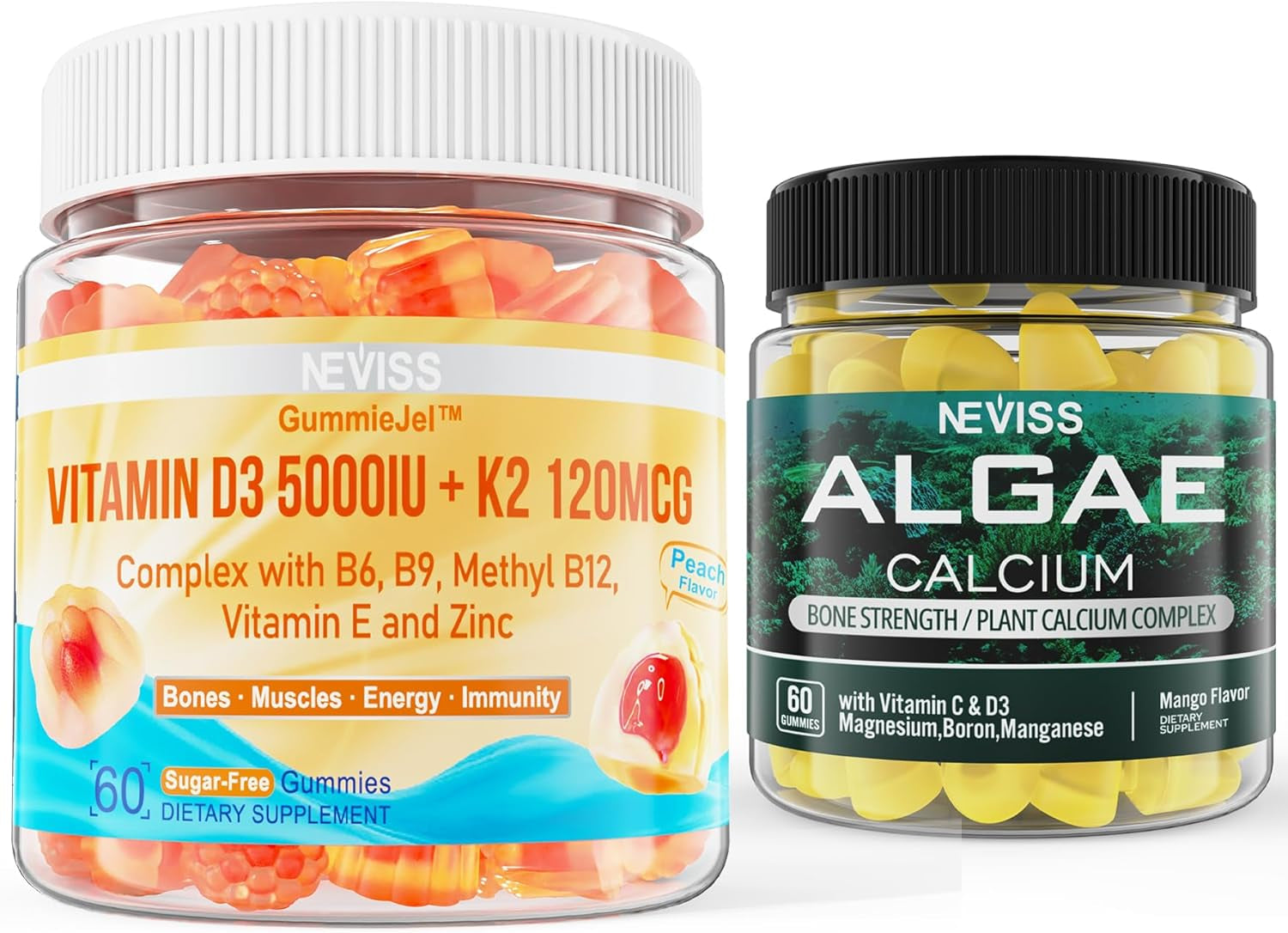 NEVISS D3 5000IU K2 Gummies + Marine Algae Calcium Gummies Bundle 