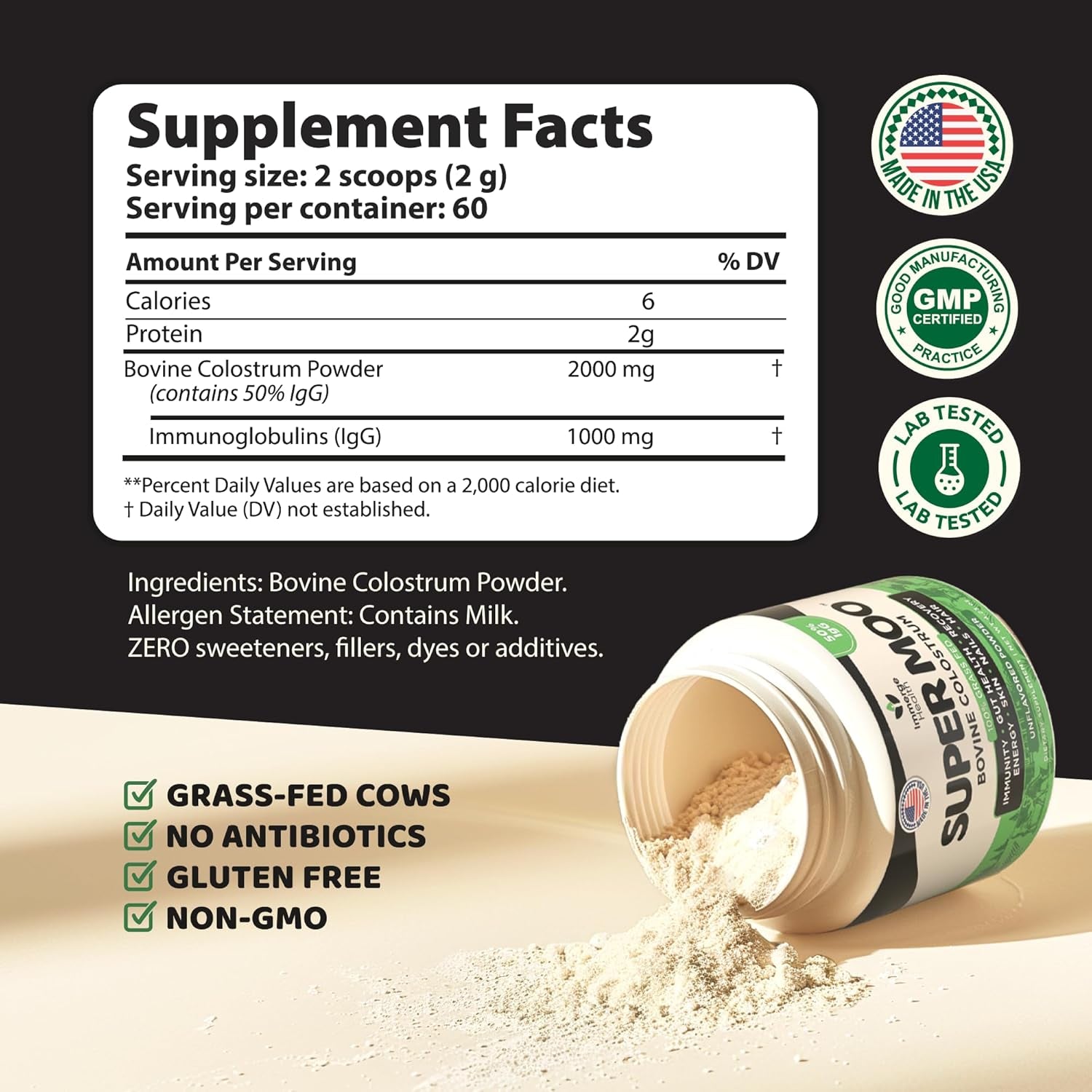 Super Moo Grass Fed Bovine Colostrum Powder | Gut Health, Muscle Recovery, Energy, Hair, Skin and Immune Supplement | 50% Igg Pure Bovine Colostrum for Humans | Superfood, Gluten Free, Unflavored.