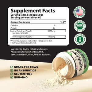 Super Moo Grass Fed Bovine Colostrum Powder | Gut Health, Muscle Recovery, Energy, Hair, Skin and Immune Supplement | 50% Igg Pure Bovine Colostrum for Humans | Superfood, Gluten Free, Unflavored.