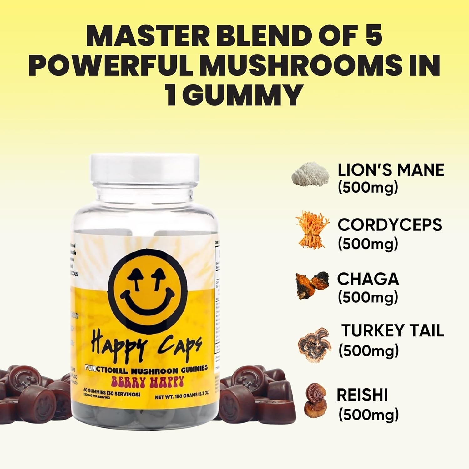 Functional Mushroom Gummies - Lions Mane, Cordyceps, Chaga, Reishi - Immune System Booster & Nootropic Brain Supplement - 60 Gummies (1)