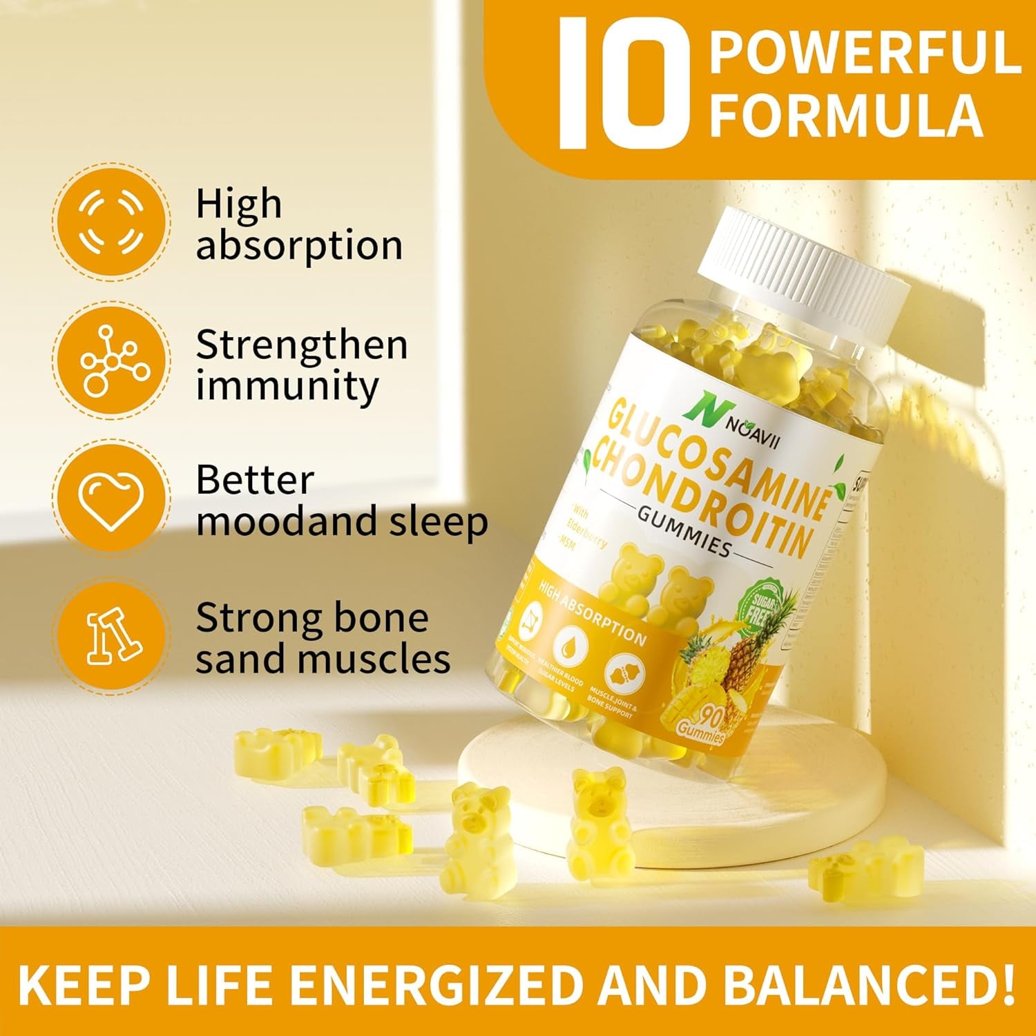 Glucosamine Chondroitin Gummies with MSM & Elderberry Extra Strength - Joint Support, Antioxidant Immune Support Supplement for Adults, Men & Women-Pineapple Flavor-90 Count