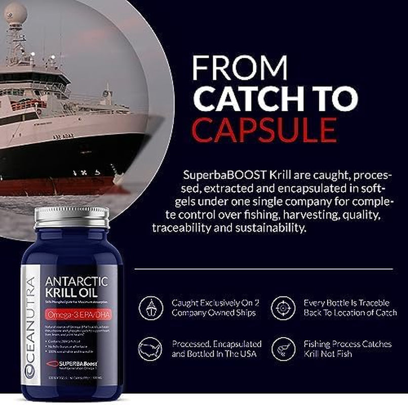 Wild Caught Antarctic Krill Oil 500Mg Softgels, Superbaboost Omega 3 Supplement, EPA & DHA, Astaxanthin, Choline, 56% Phospholipids, Sustainable, No Fish Oil, Vanilla Flavor (60-Day Supply) 