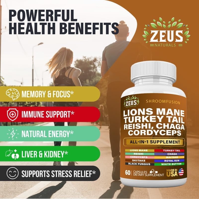 Lions Mane Capsules, Mushroom Supplement with Turkey Tail, Cordyceps Reishi Chaga, Alt to Mushroom Gummies or Mushroom Coffee, Made in USA (60 Count)