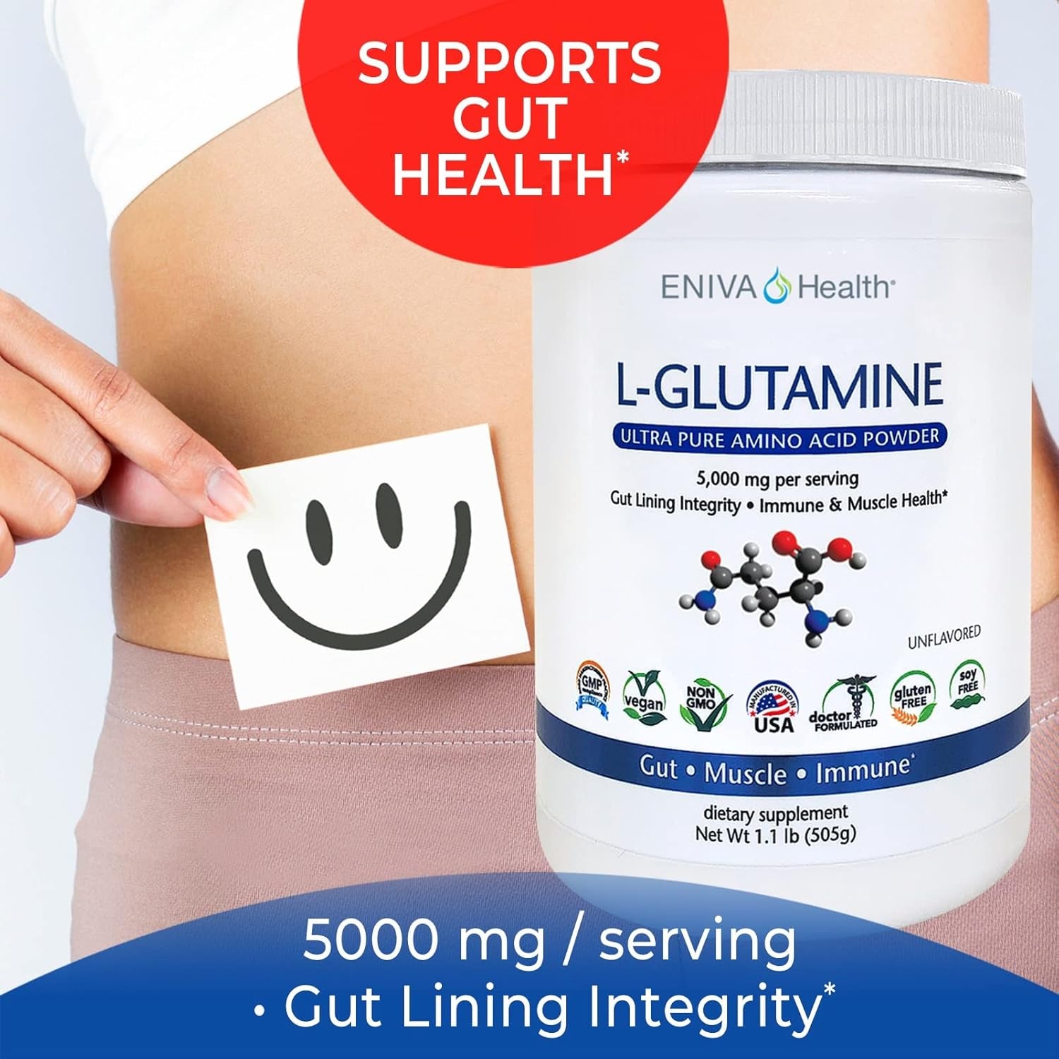 L-Glutamine Pure Powder, Unflavored (101 Servings) | Vegan, Gluten-Free, Sugar-Free, Non-Gmo | Doctor-Formulated, USA Made | Gut Health, Leaky Gut, Bloating, Muscle Health, Immune System 