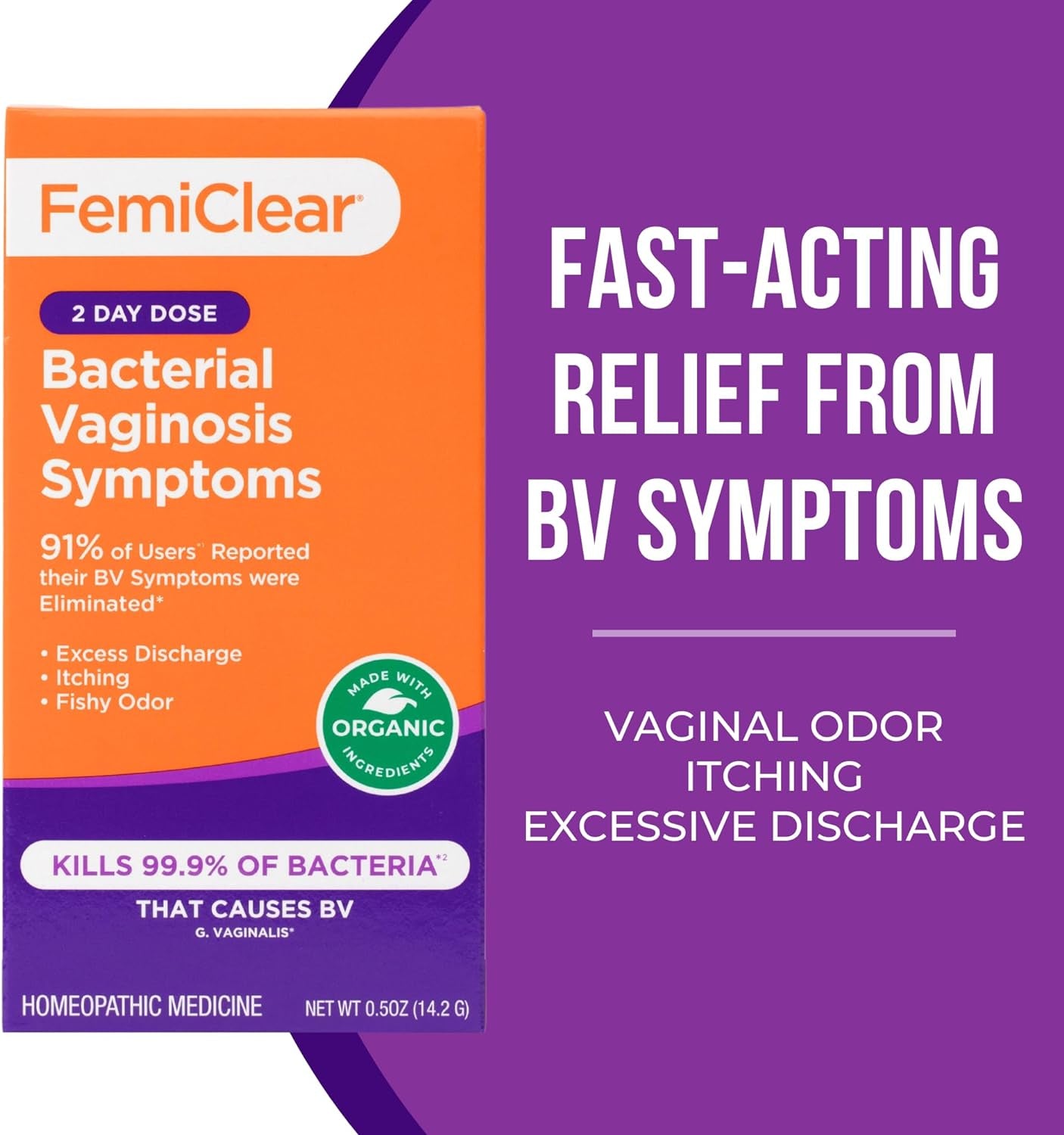 Femiclear (BV Symptoms - Vaginal Ointment for Fishy Odor, Excess Discharge, Itching & Discomfort Due to Bacterial Vaginosis, All-Natural and Organic Ingredients, 2-Day Dose 