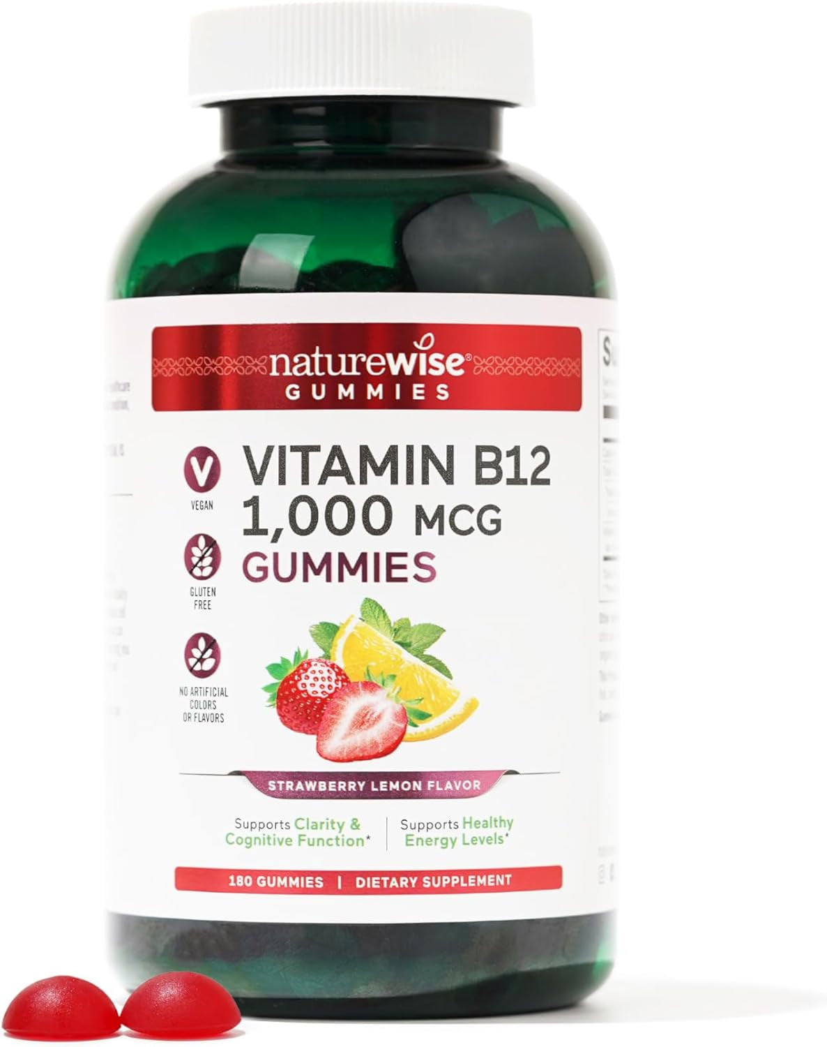 Naturewise Vitamin B12 Gummies for Adults, 1000 Mcg - Strawberry Lemon Flavor - Supports Daily Energy, Mental Clarity, Cognitive Function - Vegan, Gluten-Free, Non-Gmo - 180 Gummies[3-Month Supply]