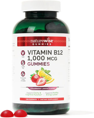 Naturewise Vitamin B12 Gummies for Adults, 1000 Mcg - Strawberry Lemon Flavor - Supports Daily Energy, Mental Clarity, Cognitive Function - Vegan, Gluten-Free, Non-Gmo - 180 Gummies[3-Month Supply]