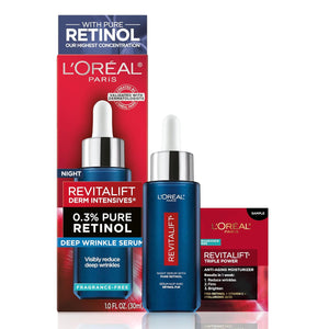 L'Oreal Paris Revitalift 0.3% Pure Retinol Night Serum, Reduce Deep Wrinkles, Fragrance Free 1 Oz + Moisturizer Sample