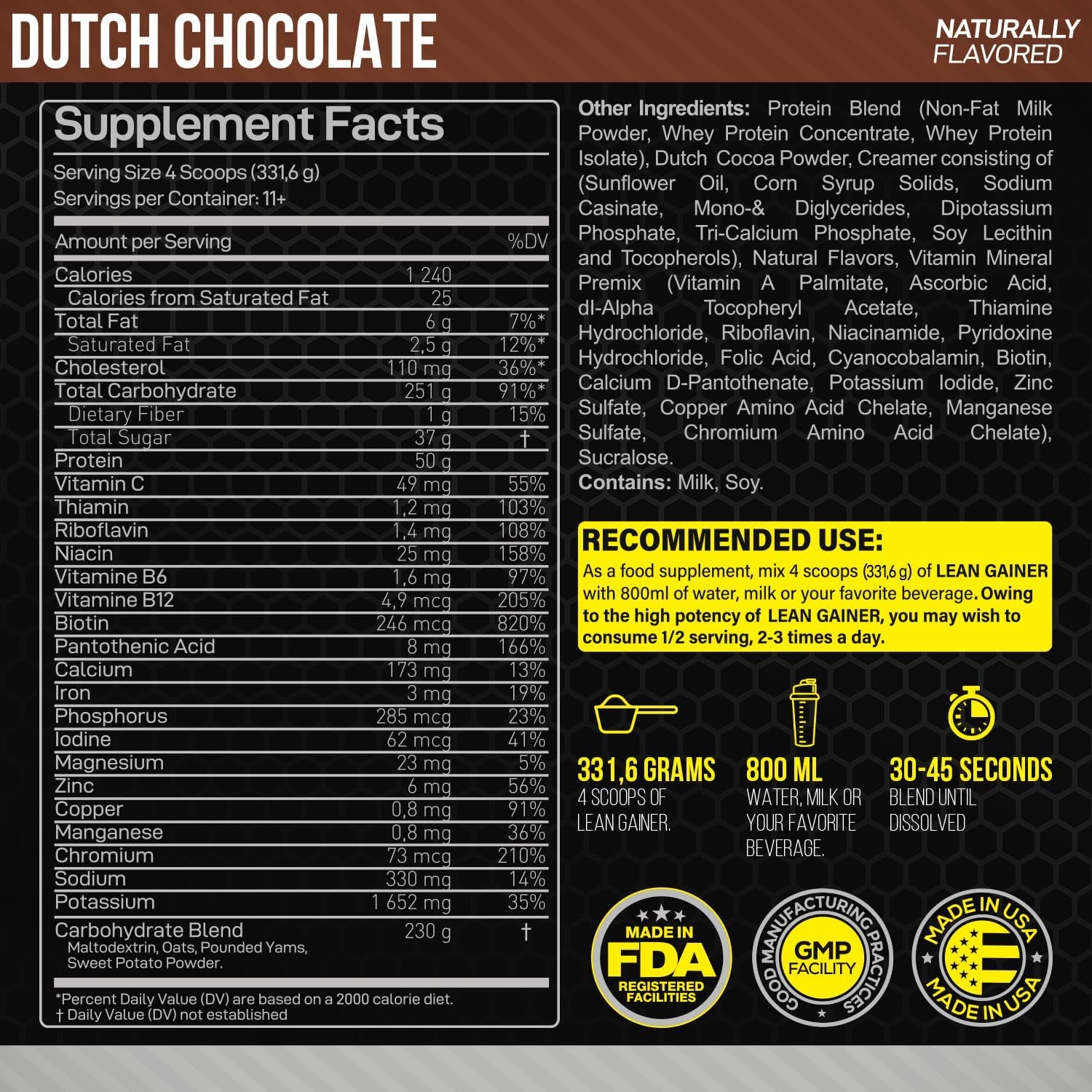 Forzagen Lean Gainer Premium Mass Builder | Mass Gainer Protein Powder for Men & Women | High Calorie Protein, Weight Gain, Bulk, Muscle Building Supplement | Dutch Chocolate, 8 Lbs. (11 Servings) 