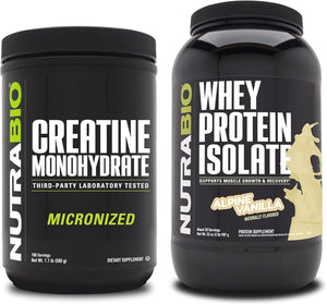 Nutrabio Creatine Monohydrate, Unflavored, 500G and Whey Protein Isolate, Alpine Vanilla, Supplement Bundle - Muscle Energy, Lean Muscle Growth, Recovery, and Strength 